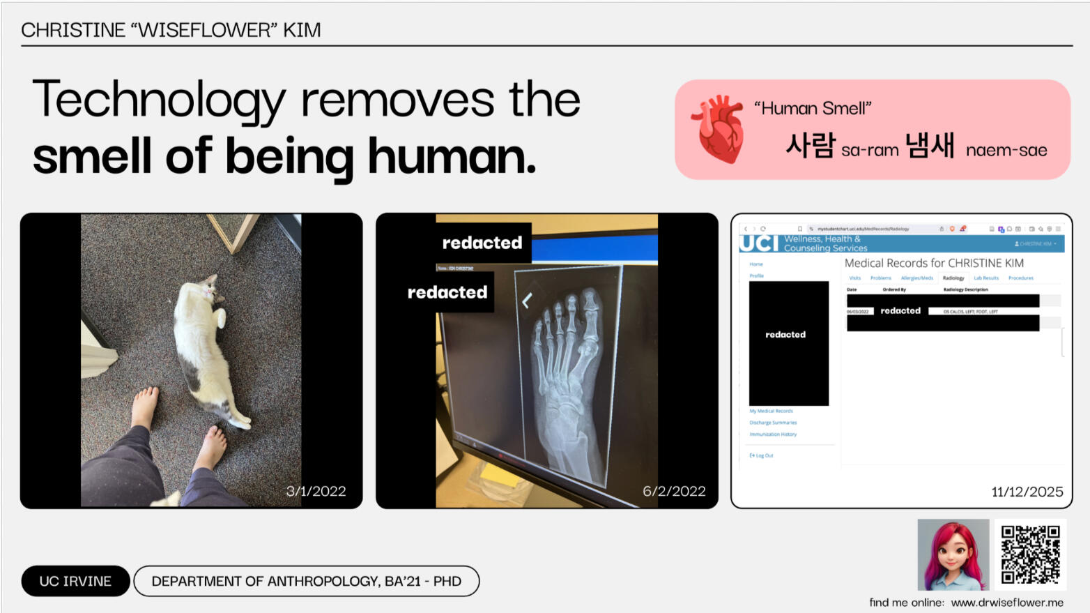 "Technology removes the smell of being human" speaker introduction slide created for AAA 2025 roundtable: Specters of technology.